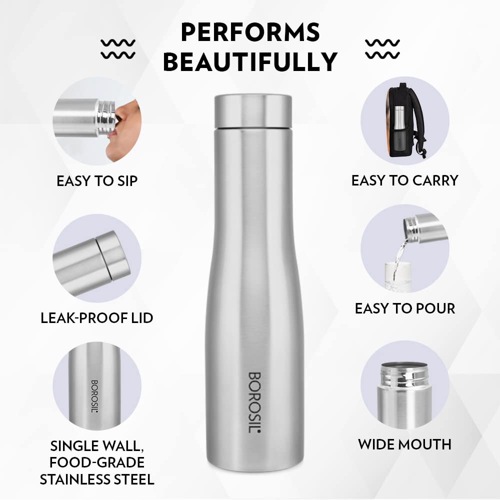 Borosil Swan 1L Stainless Steel Water Bottle | Leak-Proof Design for Home & Office | Silver Finish