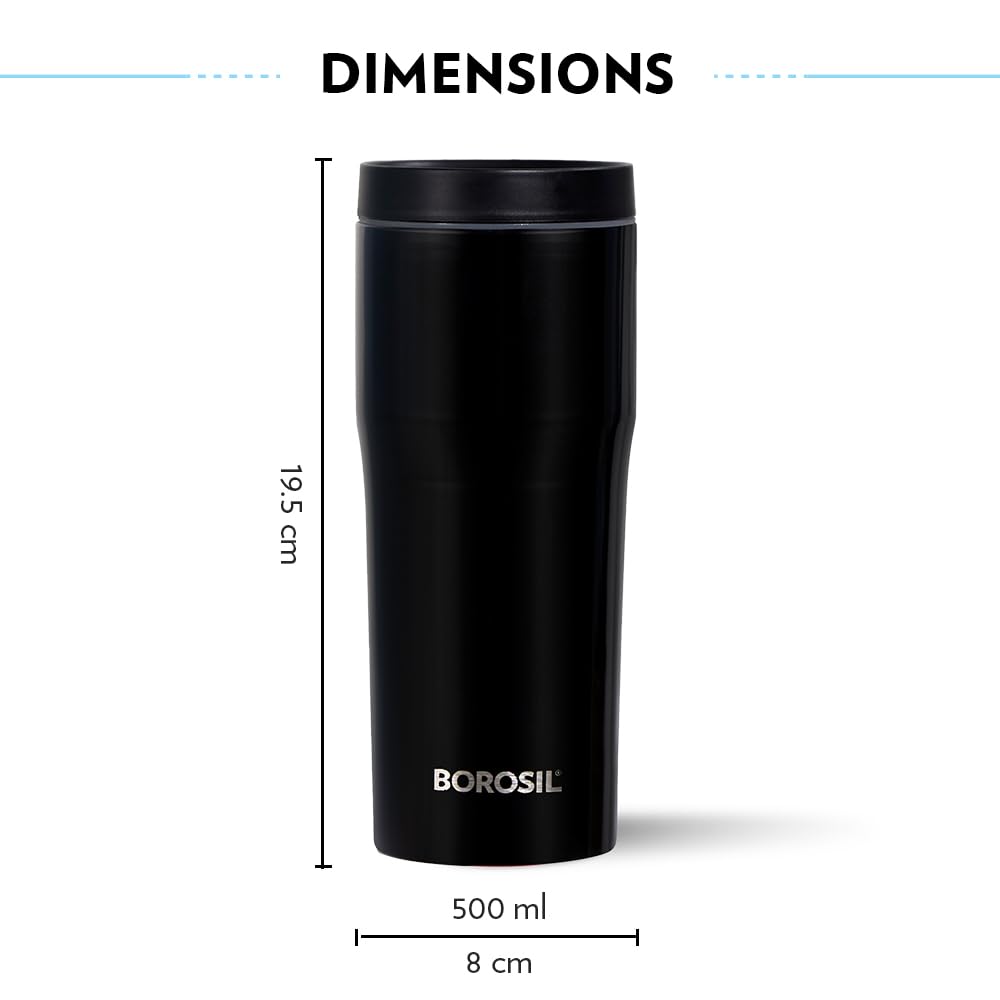 Borosil Hydra Hike 500ml Flask – Insulated, Leakproof, On-the-Go Sipper (Black)