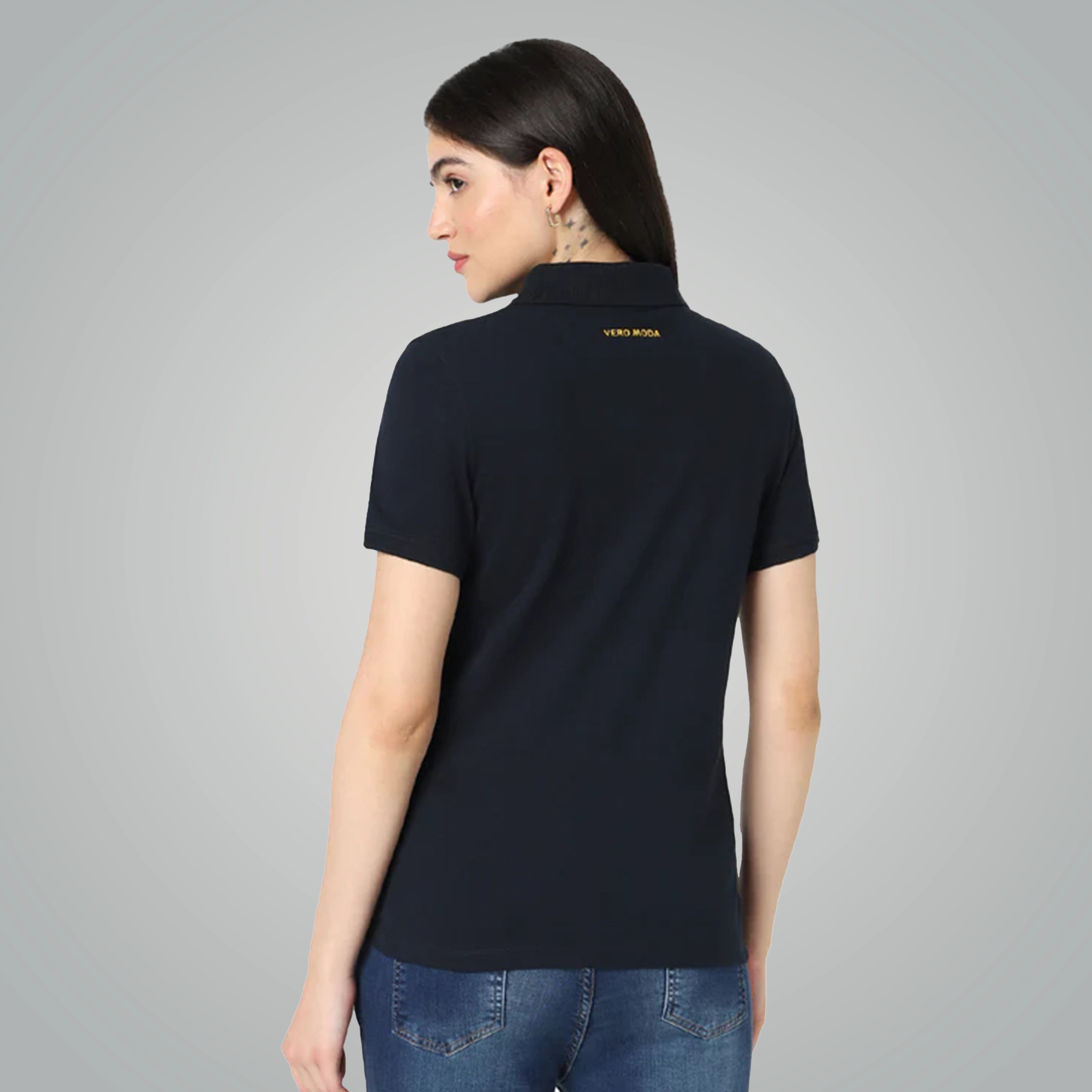 Vero Moda Solid Polo – Classic Black Elegance for Women